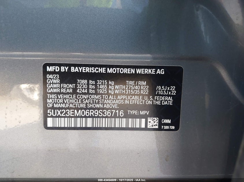 2024 BMW X7(VIN: 5UX23EM06R9S36716