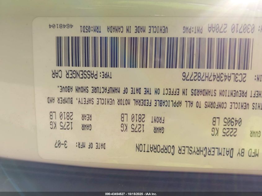 2007 Chrysler 300 VIN: 2C3LA43R47H782776 Lot: 43454527