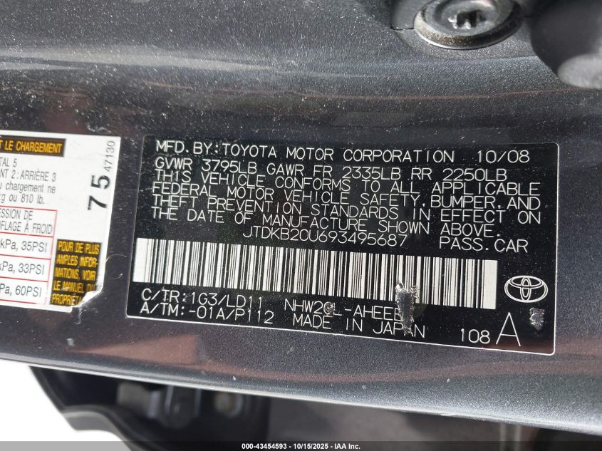 2009 Toyota Prius VIN: JTDKB20U693495687 Lot: 43454593