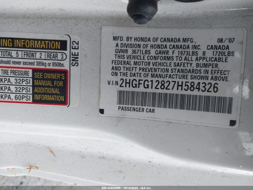 2007 Honda Civic Ex VIN: 2HGFG12827H584326 Lot: 43454596