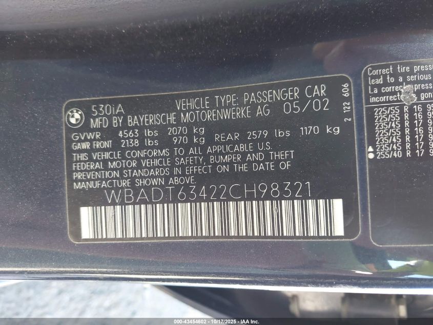 2002 BMW 530Ia VIN: WBADT63422CH98321 Lot: 43454602