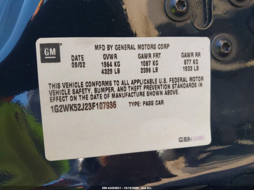 2003 Pontiac Grand Prix Se VIN: 1G2WK52J23F107936 Lot: 43454631
