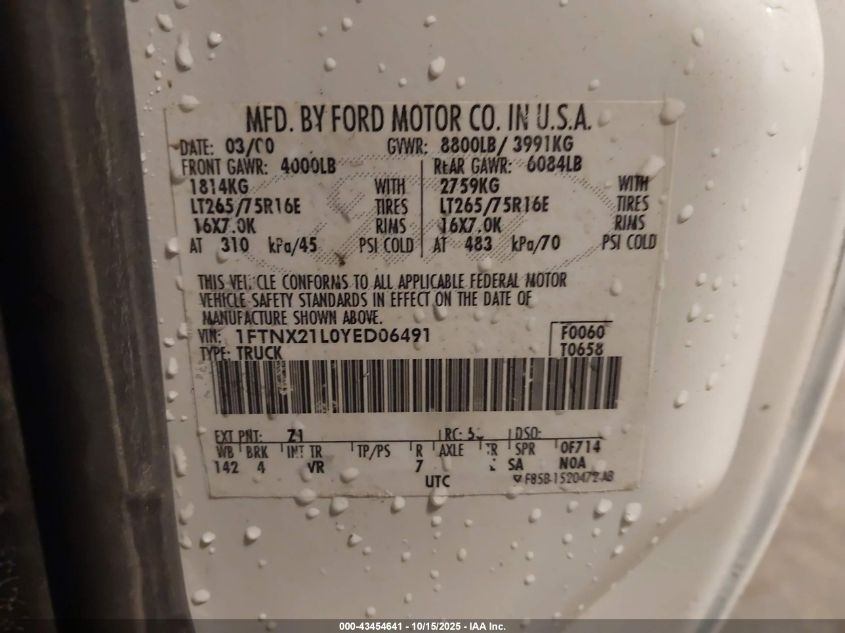 2000 Ford F-250 Lariat/Xl/Xlt VIN: 1FTNX21L0YED06491 Lot: 43454641