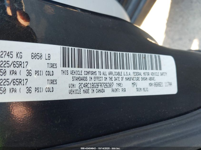 2015 Chrysler Town & Country Touring VIN: 2C4RC1BG9FR726307 Lot: 43454643