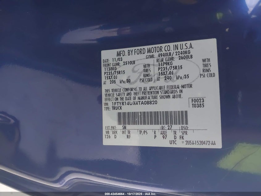 2004 Ford Ranger Edge/Tremor/Xl/Xlt VIN: 1FTYR14UX4TA08820 Lot: 43454664