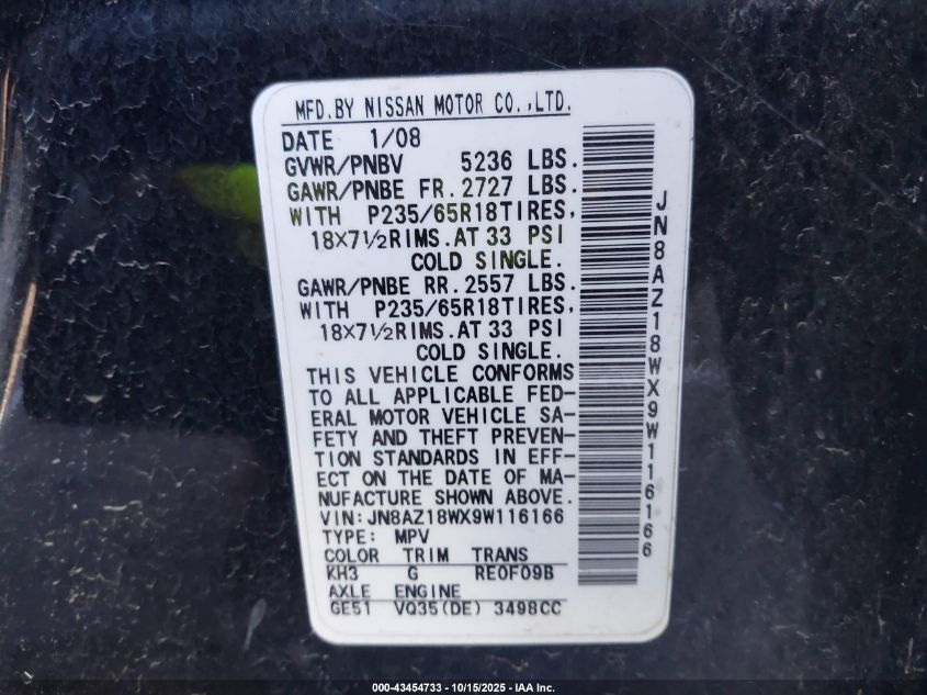 2009 Nissan Murano S/Sl/Le VIN: JN8AZ18WX9W116166 Lot: 43454733