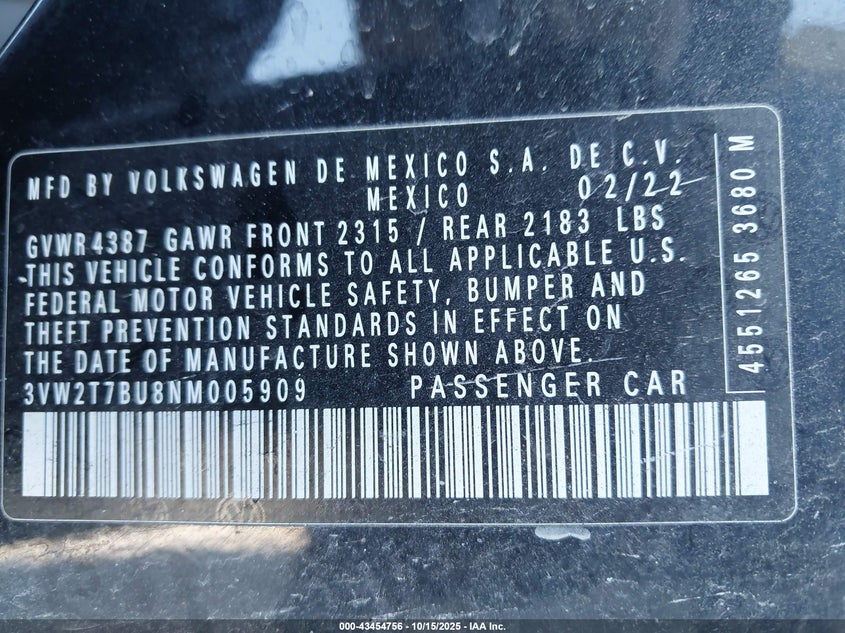 2022 VOLKSWAGEN JETTA GLI 2.0T AUTOBAHN 3VW2T7BU8NM005909