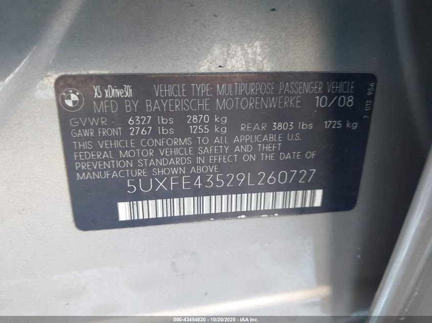 2009 BMW X5 xDrive30I VIN: 5UXFE43529L260727 Lot: 43454820