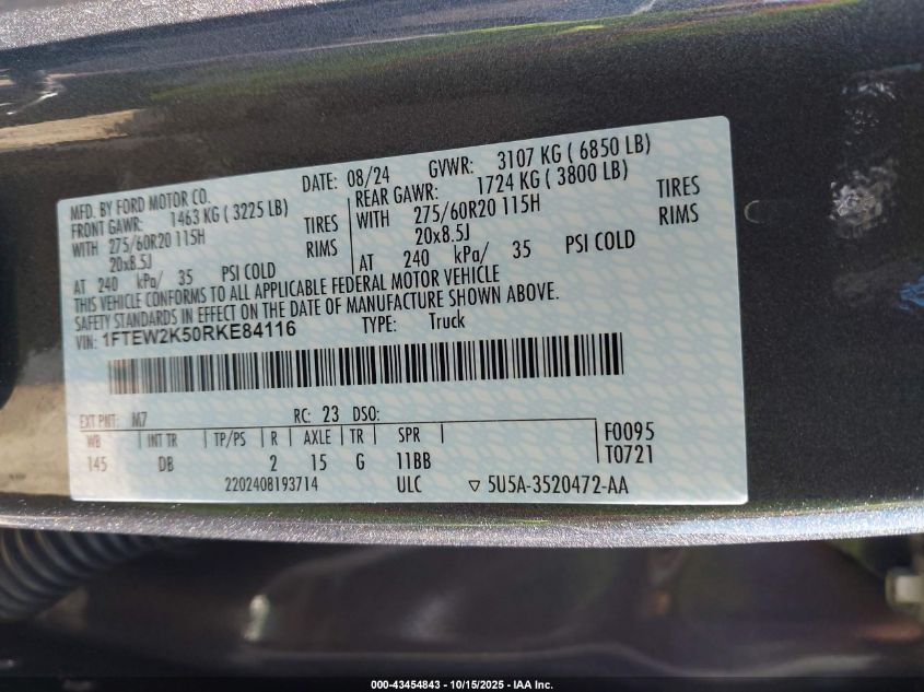 2024 Ford F-150 Stx VIN: 1FTEW2K50RKE84116 Lot: 43454843