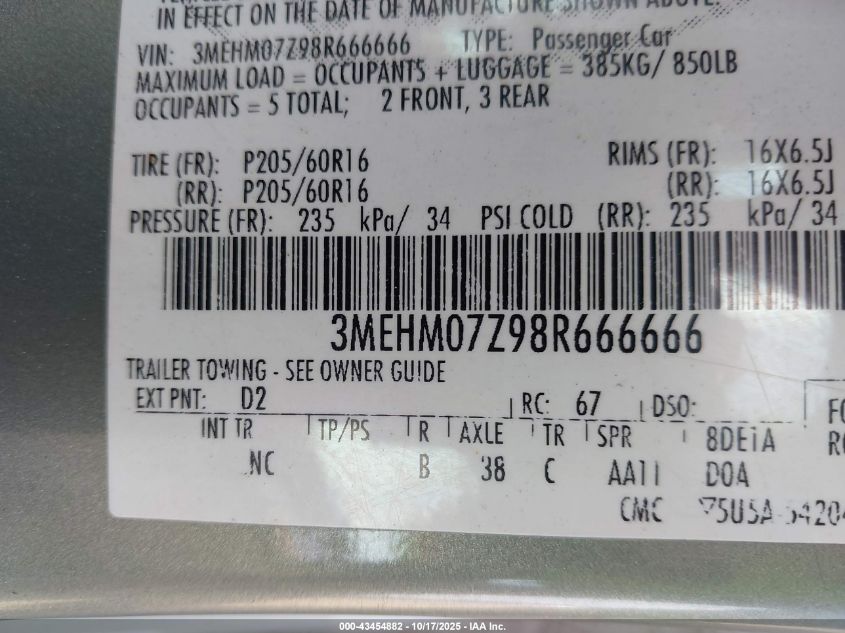 2008 Mercury Milan I4 VIN: 3MEHM07Z98R666666 Lot: 43454882