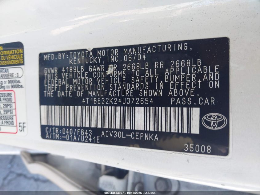 2004 Toyota Camry Le VIN: 4T1BE32K24U372654 Lot: 43454907