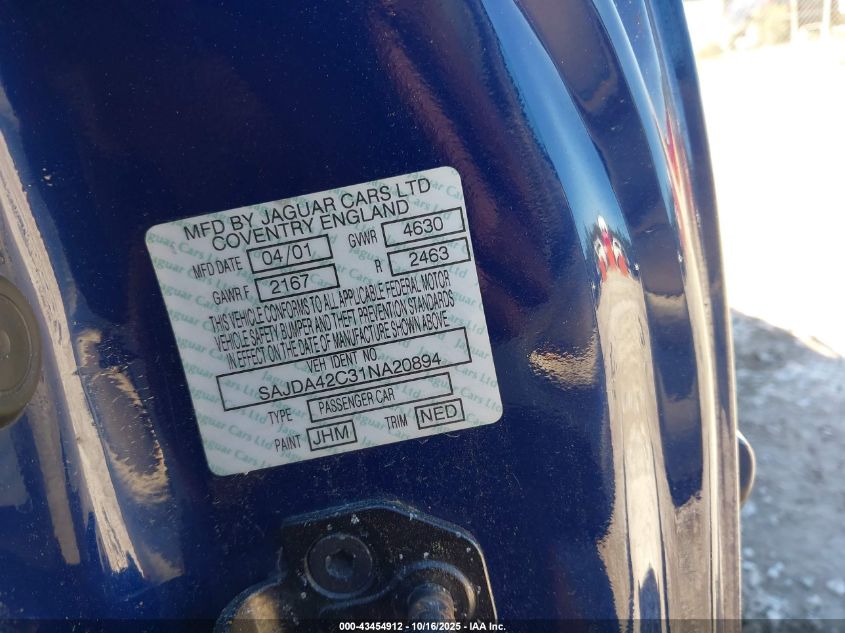 2001 Jaguar Xk8 VIN: SAJDA42C31NA20894 Lot: 43454912