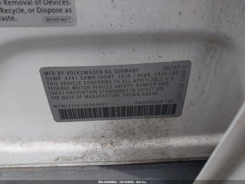 2008 Volkswagen Passat Komfort VIN: WVWLK73C18E064083 Lot: 43454923