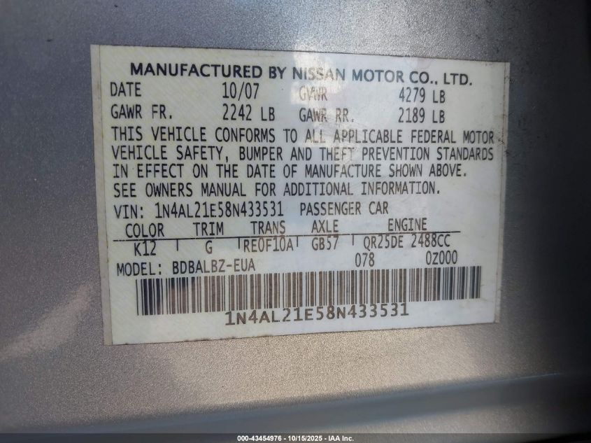 2008 Nissan Altima 2.5 S VIN: 1N4AL21E58N433531 Lot: 43454976