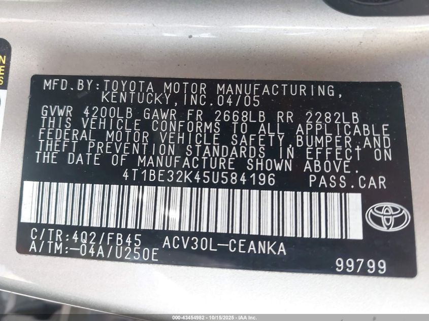 2005 Toyota Camry Le VIN: 4T1BE32K45U584196 Lot: 43454982