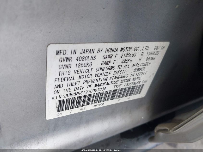 2007 Honda Accord 2.4 Vp VIN: JHMCM56197C007034 Lot: 43454995
