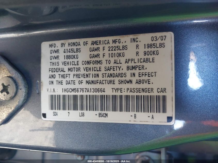 2007 Honda Accord 2.4 Ex VIN: 1HGCM56767A130664 Lot: 43455006