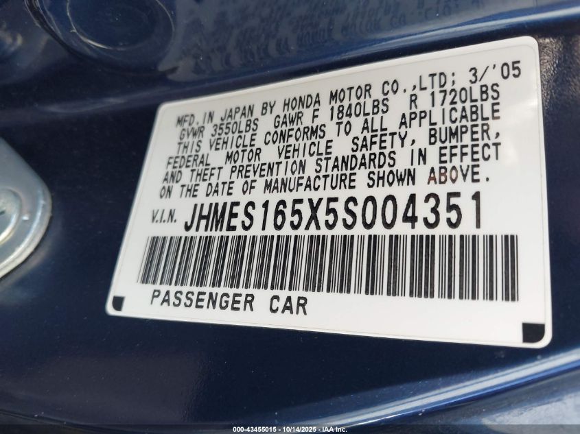 2005 Honda Civic Lx VIN: JHMES165X5S004351 Lot: 43455015