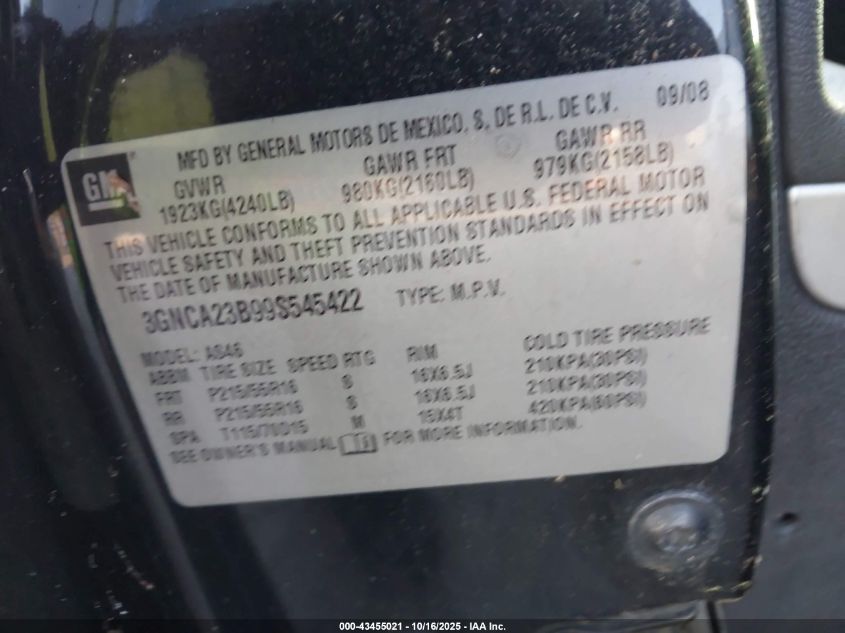 2009 Chevrolet Hhr Lt VIN: 3GNCA23B99S545422 Lot: 43455021