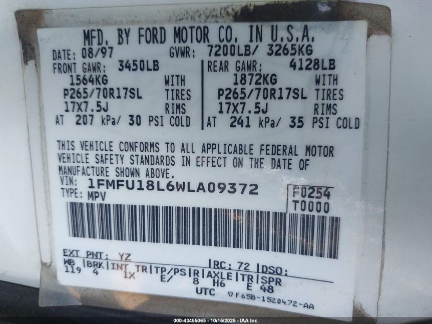 1998 Ford Expedition Eddie Bauer/Xlt VIN: 1FMFU18L6WLA09372 Lot: 43455065