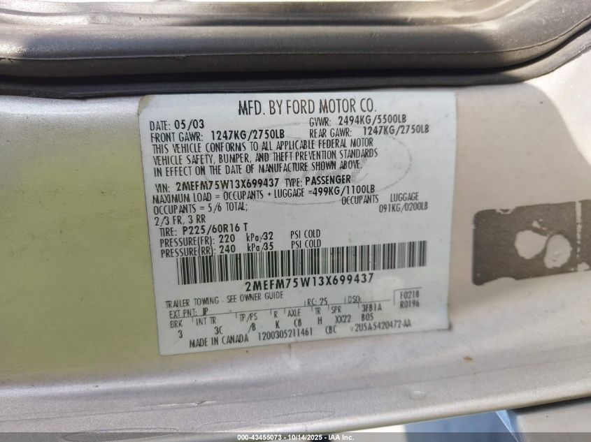 2003 Mercury Grand Marquis Ls VIN: 2MEFM75W13X699437 Lot: 43455073