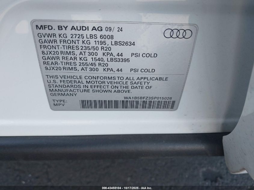2025 Audi Q4 E-Tron Premium 45 Quattro VIN: WA1B5BFZ3SP015026 Lot: 43455104
