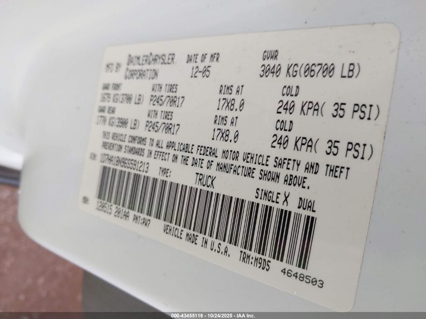 2006 Dodge Ram 1500 Slt VIN: 1D7HA18N96S591213 Lot: 43455116