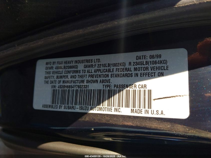 2000 Subaru Outback VIN: 4S3BH6654Y7602331 Lot: 43455139