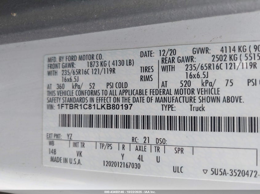 2020 FORD TRANSIT-250 1FTBR1C81LKB80197