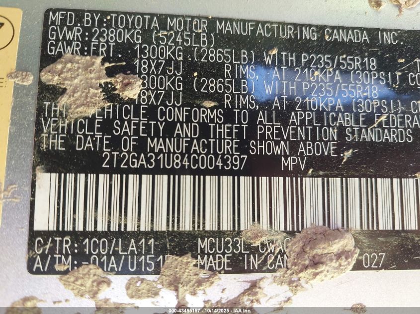 2004 Lexus Rx 330 VIN: 2T2GA31U84C004397 Lot: 43455157