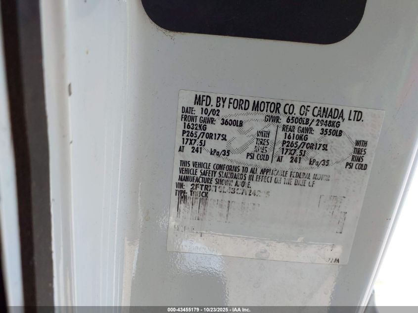 2003 Ford F-150 Lariat/Xl/Xlt VIN: 2FTRX18L43CA24225 Lot: 43455179