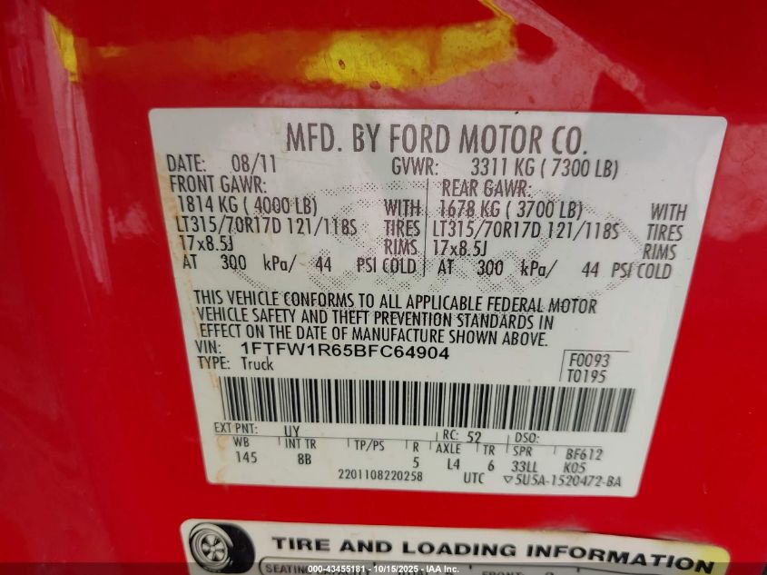 2011 Ford F-150 Svt Raptor VIN: 1FTFW1R65BFC64904 Lot: 43455181