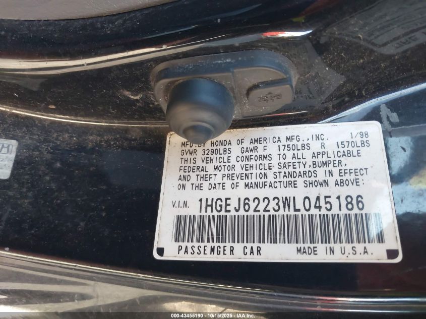 1998 Honda Civic Dx VIN: 1HGEJ6223WL045186 Lot: 43455190