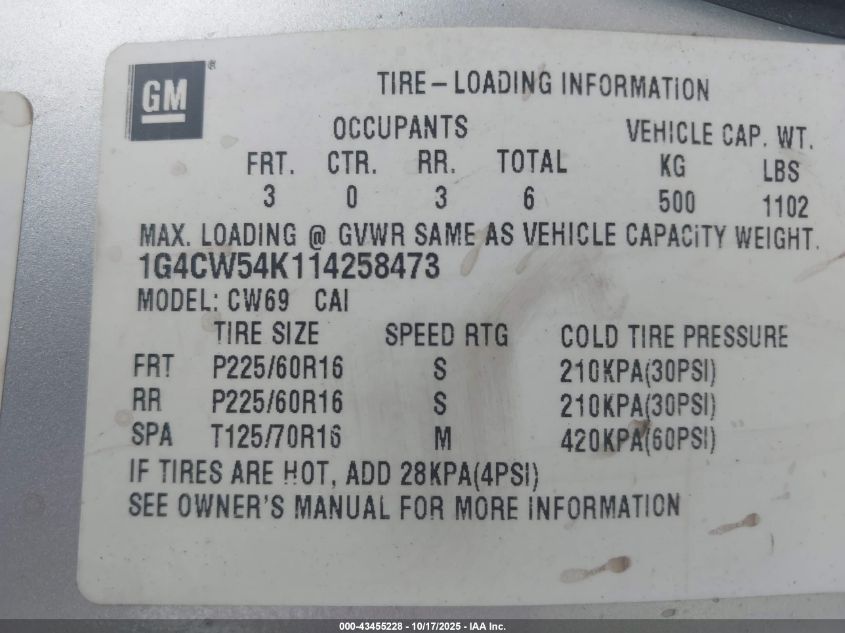 2001 Buick Park Avenue VIN: 1G4CW54K114258473 Lot: 43455228