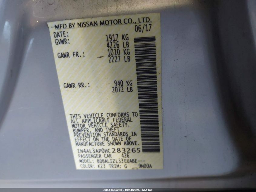 2017 Nissan Altima 2.5 Sv VIN: 1N4AL3AP0HC283265 Lot: 43455258