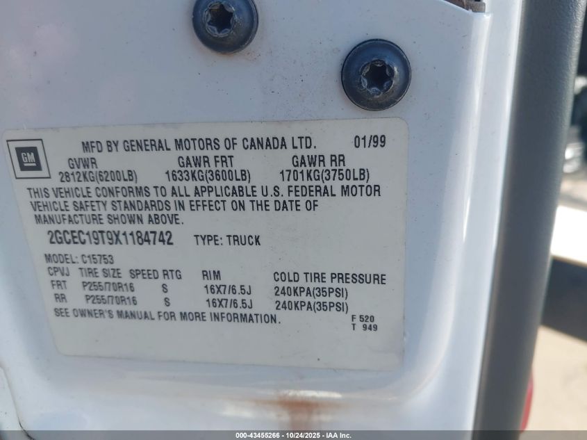1999 Chevrolet Silverado 1500 Ls VIN: 2GCEC19T9X1184742 Lot: 43455266