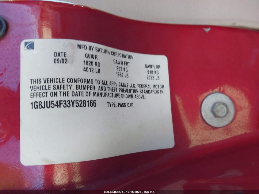 2003 Saturn L-Series L200 VIN: 1G8JU54F33Y528166 Lot: 43455274