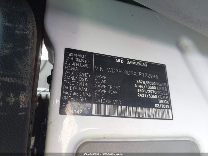 2015 Mercedes-Benz Sprinter 2500 High Roof VIN: WD3PE8DBXFP132946 Lot: 43455287