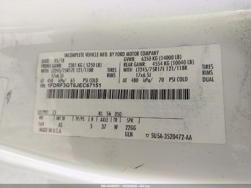 2018 Ford F-350 Chassis Xl VIN: 1FDRF3GT6JEC67151 Lot: 43455303