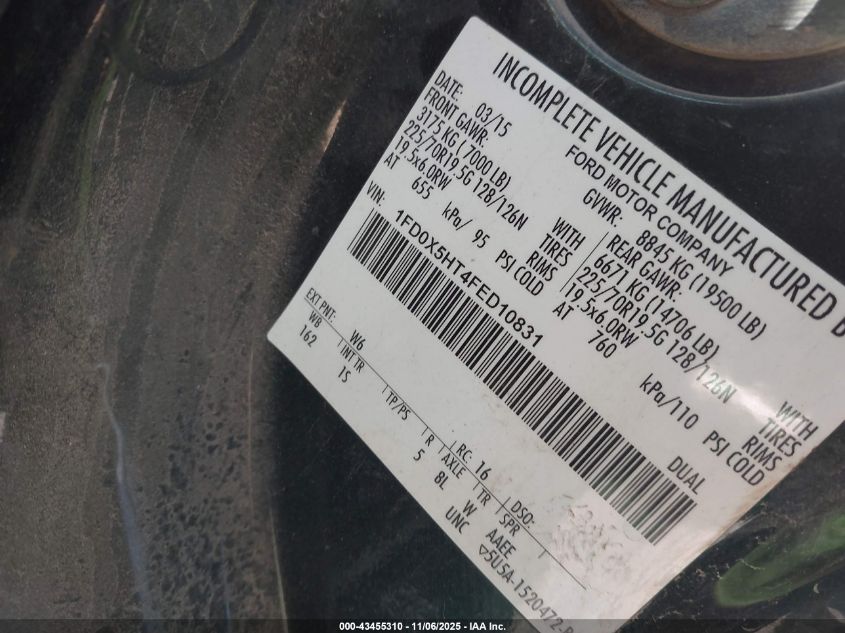 2015 Ford F-550 Chassis Xl VIN: 1FD0X5HT4FED10831 Lot: 43455310