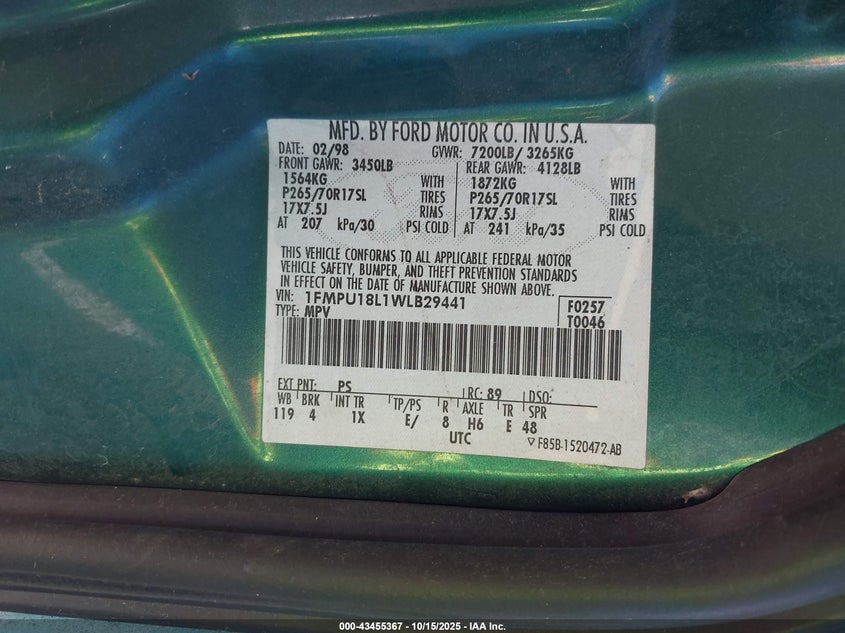 1998 Ford Expedition Eddie Bauer/Xlt VIN: 1FMPU18L1WLB29441 Lot: 43455367