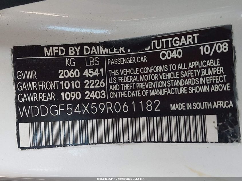 2009 Mercedes-Benz C 300 Luxury/Sport VIN: WDDGF54X59R061182 Lot: 43455419