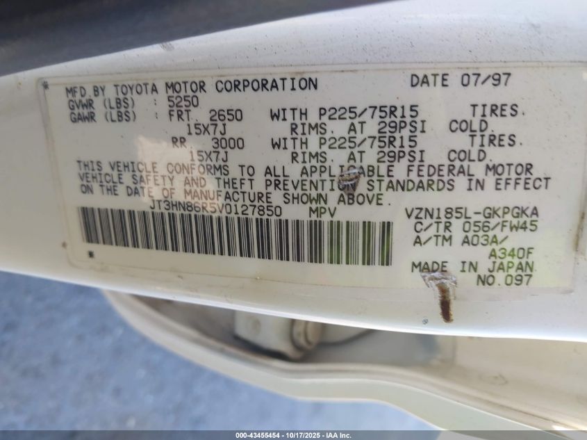 1997 Toyota 4Runner Sr5 V6 VIN: JT3HN86R5V0127850 Lot: 43455454