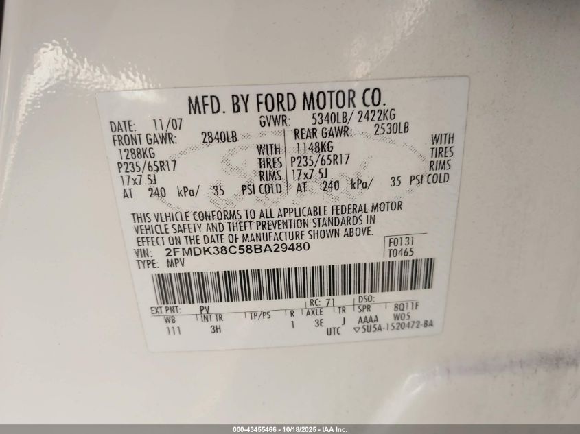 2008 Ford Edge Sel VIN: 2FMDK38C58BA29480 Lot: 43455466