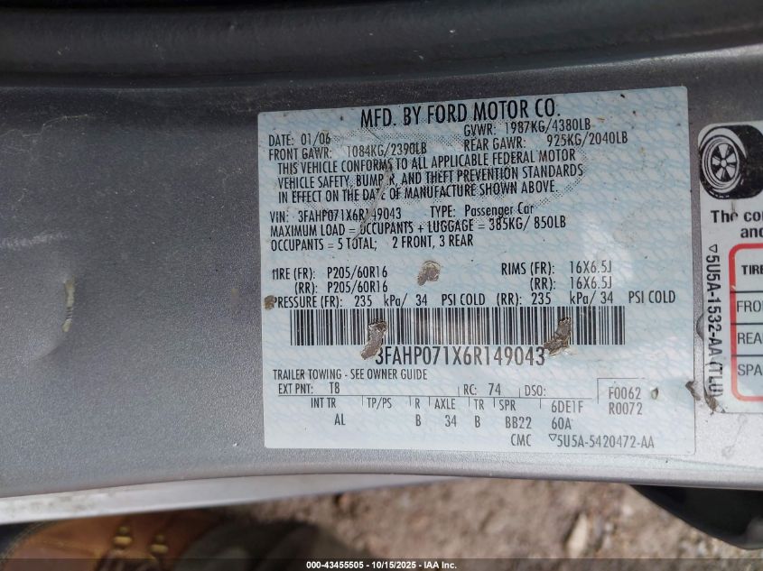 2006 Ford Fusion Se VIN: 3FAHP071X6R149043 Lot: 43455505