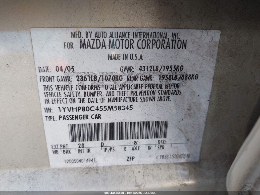 2005 Mazda Mazda6 I Base VIN: 1YVHP80C455M58345 Lot: 43455590