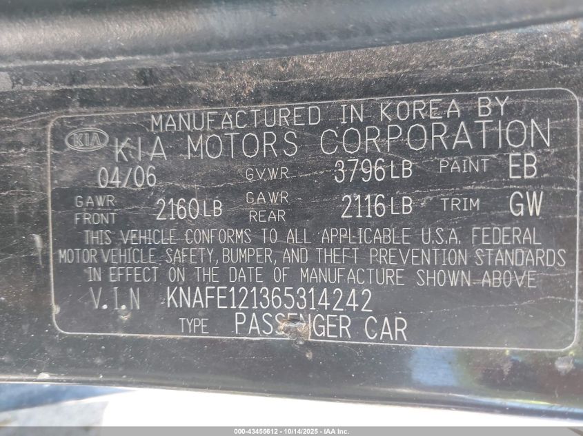 2006 Kia Spectra Ex/Lx/Sx VIN: KNAFE121365314242 Lot: 43455612