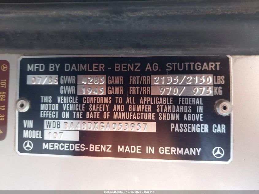 1986 Mercedes-Benz 560 Sl VIN: WDBBA48DXGA053957 Lot: 43455660