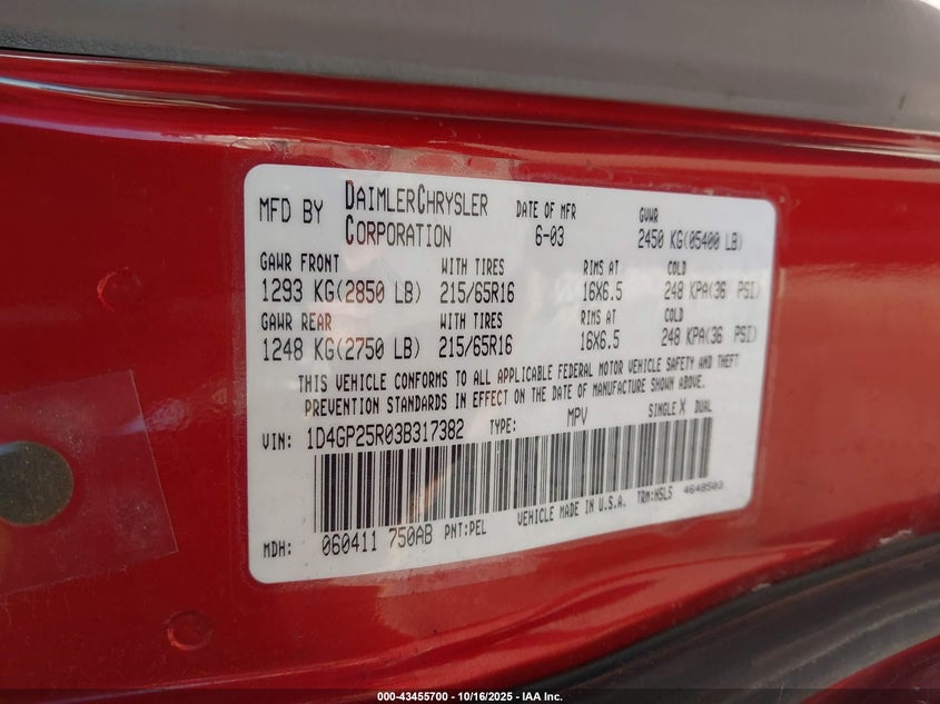 2003 Dodge Caravan Se VIN: 1D4GP25R03B317382 Lot: 43455700