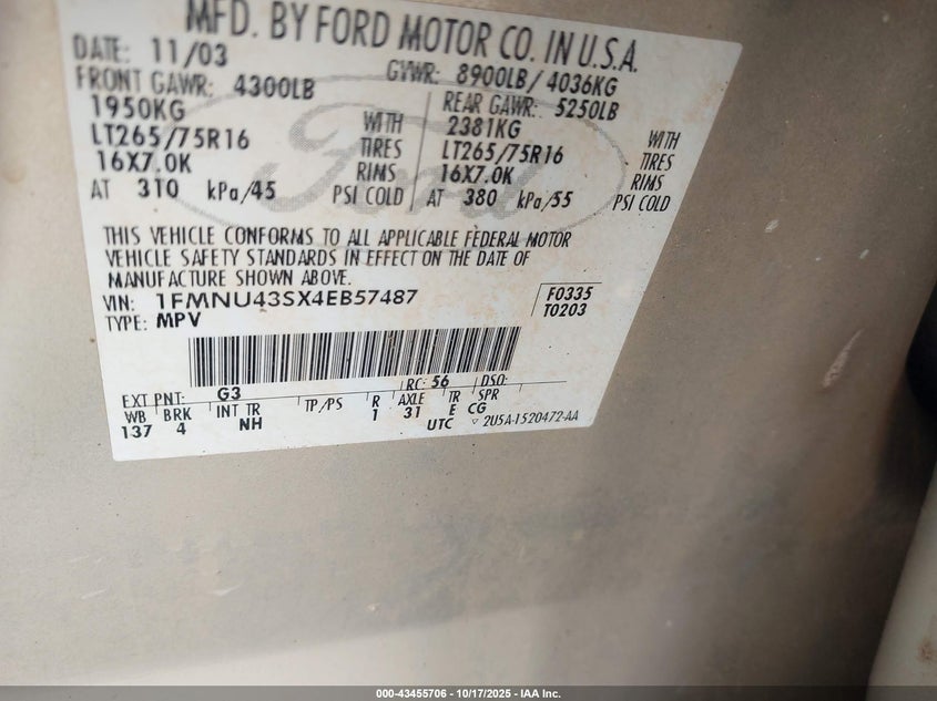 2004 Ford Excursion Limited VIN: 1FMNU43SX4EB57487 Lot: 43455706